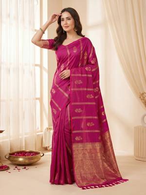 women's zari woven soft silk blend traditional saree with blouse 4