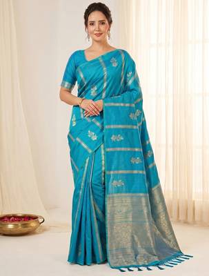 women's zari woven soft silk blend traditional saree with blouse 1