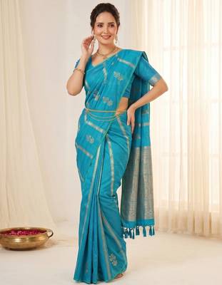 women's zari woven soft silk blend traditional saree with blouse 2
