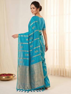women's zari woven soft silk blend traditional saree with blouse 3