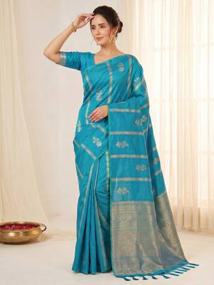 women's zari woven soft silk blend traditional saree with blouse 4