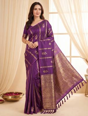 women's zari woven soft silk blend traditional saree with blouse 1