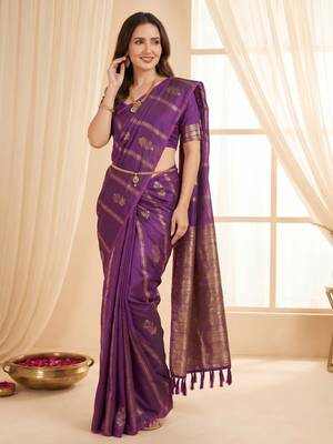 women's zari woven soft silk blend traditional saree with blouse 3