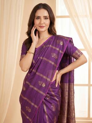 women's zari woven soft silk blend traditional saree with blouse 4