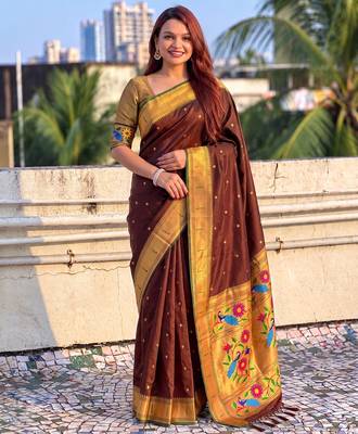 women's zari woven paithani silk blend traditional saree with blouse 1