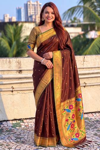 women's zari woven paithani silk blend traditional saree with blouse