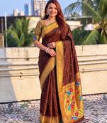 women's zari woven paithani silk blend traditional saree with blouse