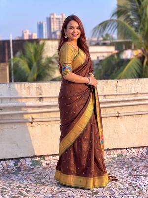 women's zari woven paithani silk blend traditional saree with blouse 2