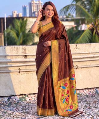 women's zari woven paithani silk blend traditional saree with blouse 4
