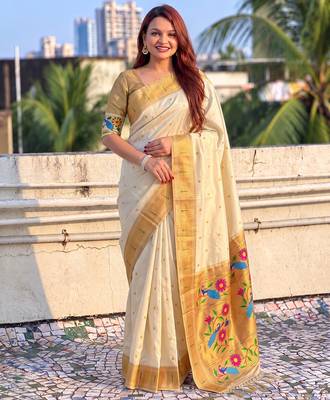 women's zari woven paithani silk blend traditional saree with blouse 1