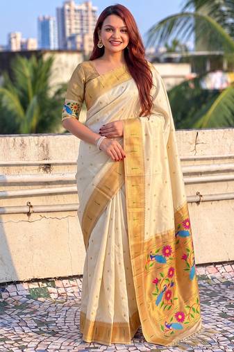 women's zari woven paithani silk blend traditional saree with blouse