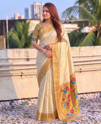 women's zari woven paithani silk blend traditional saree with blouse 2