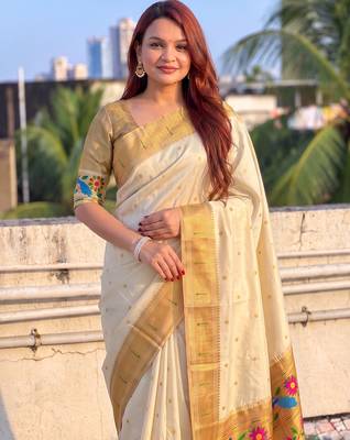 women's zari woven paithani silk blend traditional saree with blouse 3