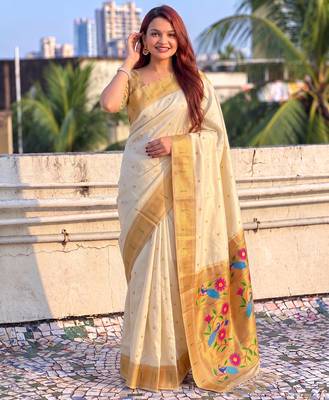 women's zari woven paithani silk blend traditional saree with blouse 4