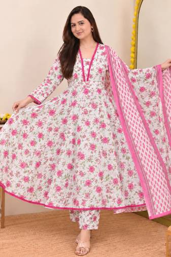 Women’s White Floral Printed Cotton Anarkali Kurta Set with Pant and Dupatta | 3 Piece Ethnic Wear