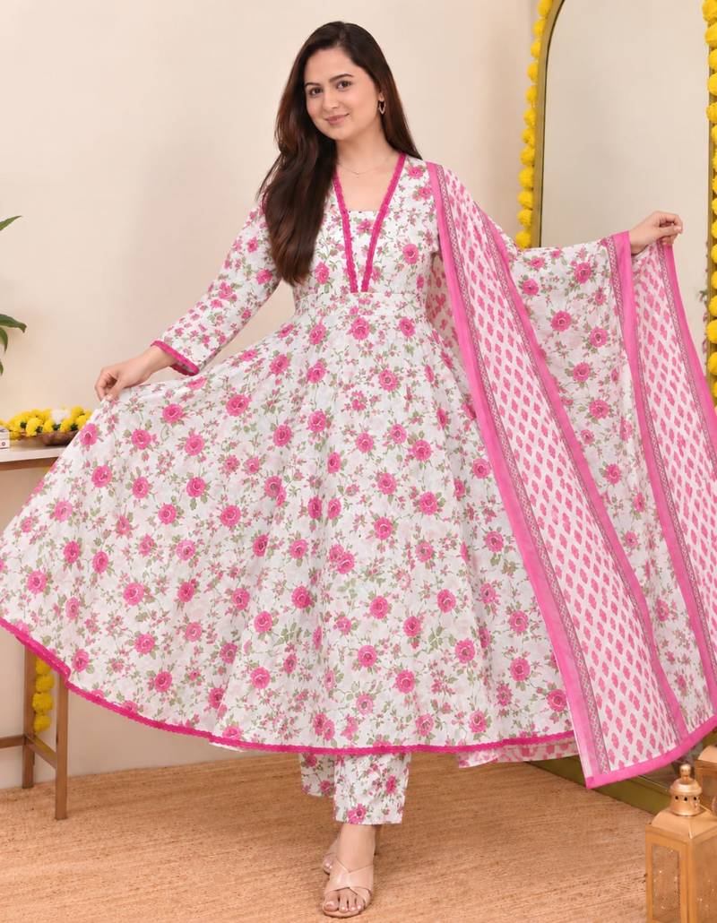 Women’s White Floral Printed Cotton Anarkali Kurta Set with Pant and Dupatta | 3 Piece Ethnic Wear