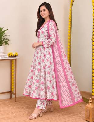 Women’s White Floral Printed Cotton Anarkali Kurta Set with Pant and Dupatta | 3 Piece Ethnic Wear 2