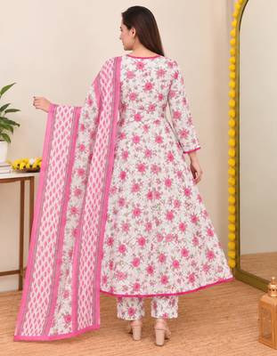 Women’s White Floral Printed Cotton Anarkali Kurta Set with Pant and Dupatta | 3 Piece Ethnic Wear 3