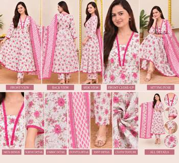Women’s White Floral Printed Cotton Anarkali Kurta Set with Pant and Dupatta | 3 Piece Ethnic Wear 6