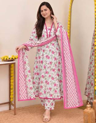 Women’s White Floral Printed Cotton Anarkali Kurta Set with Pant and Dupatta | 3 Piece Ethnic Wear 7