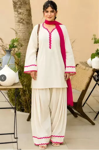 Women's Khadi Pakistani Farshi Salwar Suit with Embroidered Lace Detailing | Stitched 2-Piece Set