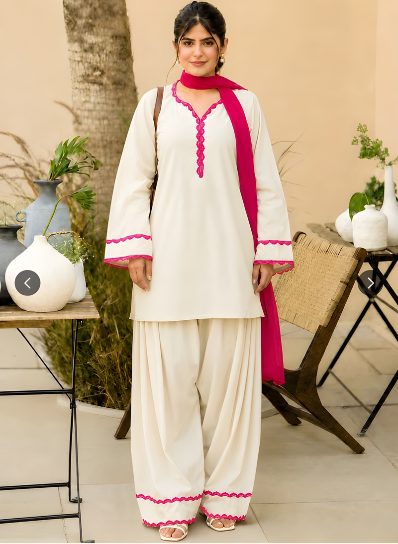Women's Khadi Pakistani Farshi Salwar Suit with Embroidered Lace Detailing | Stitched 2-Piece Set