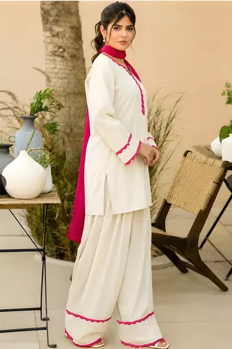 Women's Khadi Pakistani Farshi Salwar Suit with Embroidered Lace Detailing | Stitched 2-Piece Set