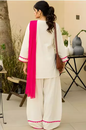 Women's Khadi Pakistani Farshi Salwar Suit with Embroidered Lace Detailing | Stitched 2-Piece Set