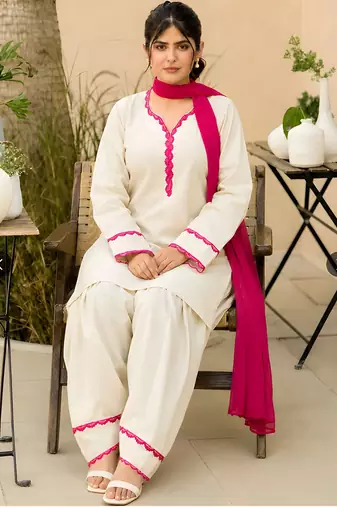 Women's Khadi Pakistani Farshi Salwar Suit with Embroidered Lace Detailing | Stitched 2-Piece Set