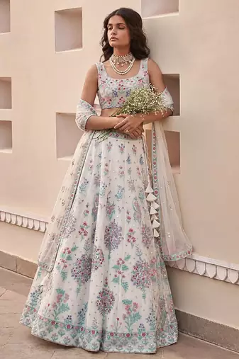white embroidery georgette designer lehenga choli set