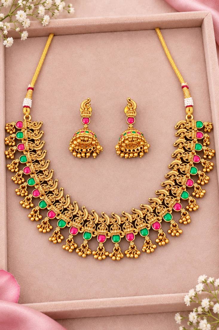 Gold-plated necklace set in multicolor - traditional style