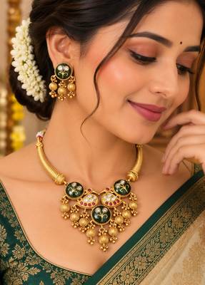 Gold-plated necklace set in green - traditional style 1