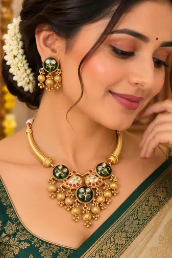 Gold-plated necklace set in green - traditional style