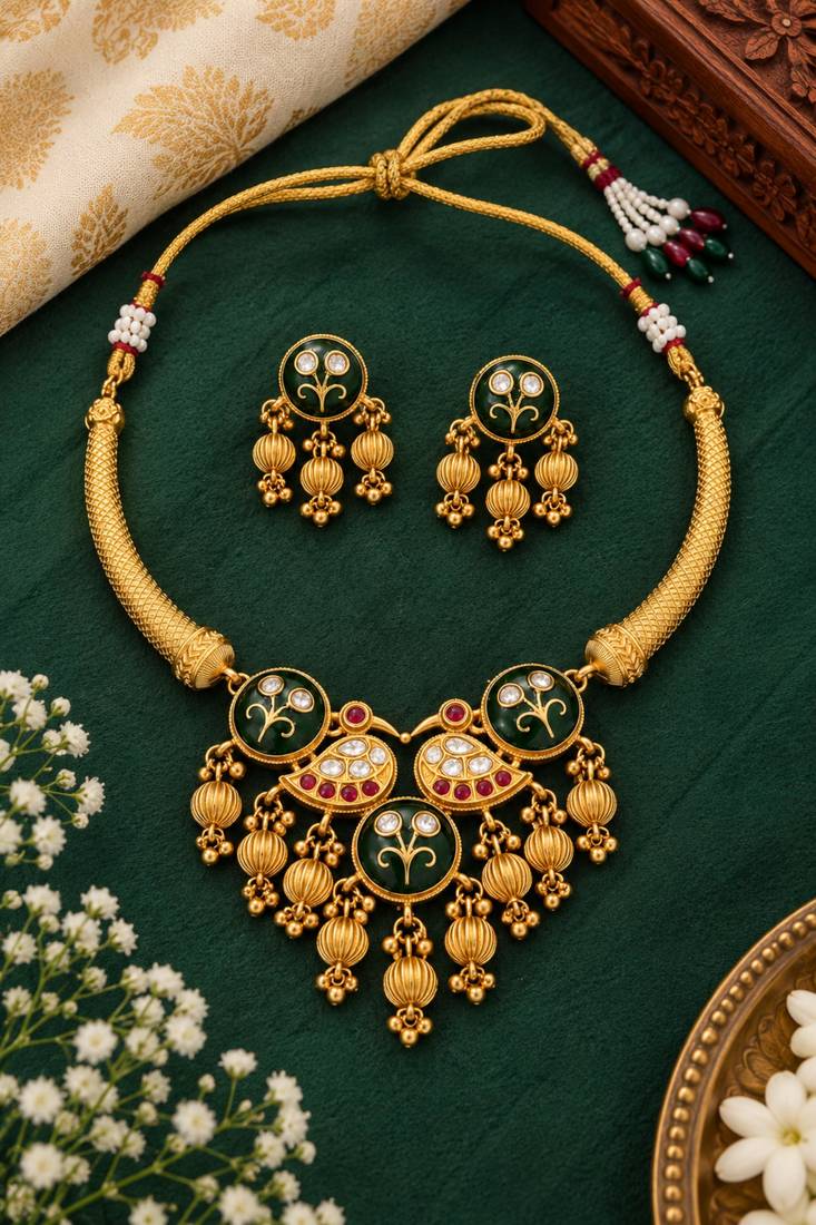 Gold-plated necklace set in green - traditional style