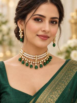 Pearl work necklace set in green - contemporary style 1