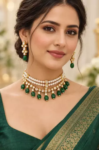 Pearl work necklace set in green - contemporary style