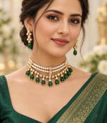 Pearl work necklace set in green - contemporary style
