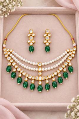 Pearl work necklace set in green - contemporary style 2