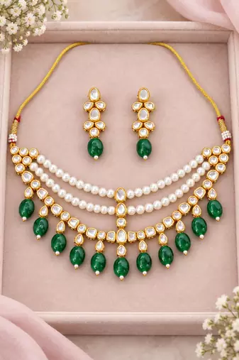 Pearl work necklace set in green - contemporary style