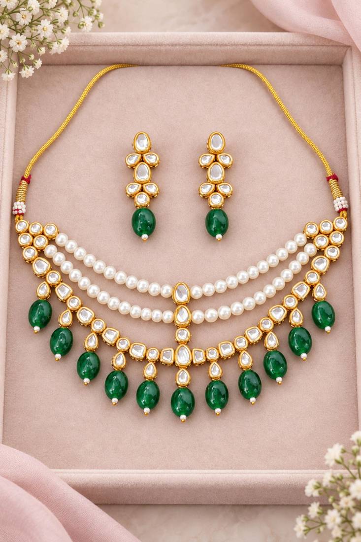 Pearl work necklace set in green - contemporary style