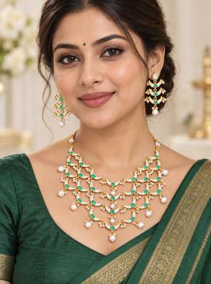Pearl work necklace set in green - contemporary style 1