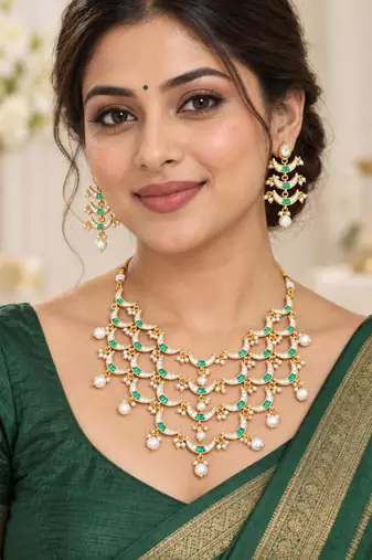 Pearl work necklace set in green - contemporary style