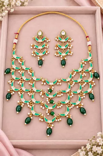 Pearl work necklace set in green - contemporary style