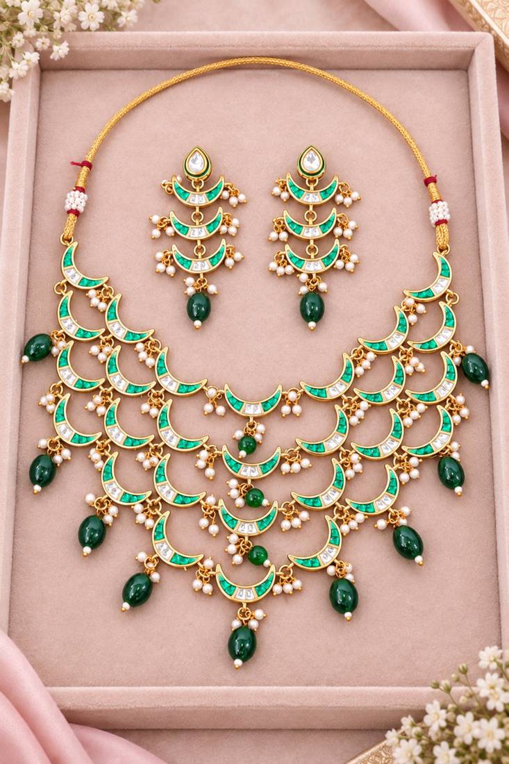 Pearl work necklace set in green - contemporary style