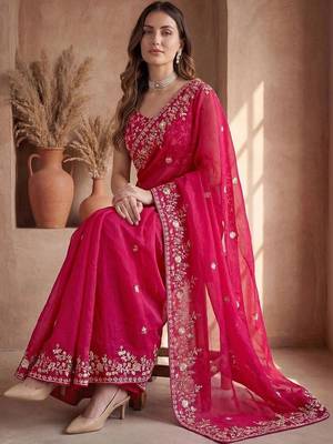 Pink ethnic motifs zari silk blend designer saree 1