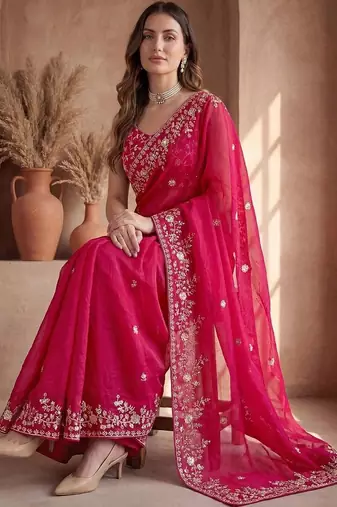 Pink ethnic motifs zari silk blend designer saree