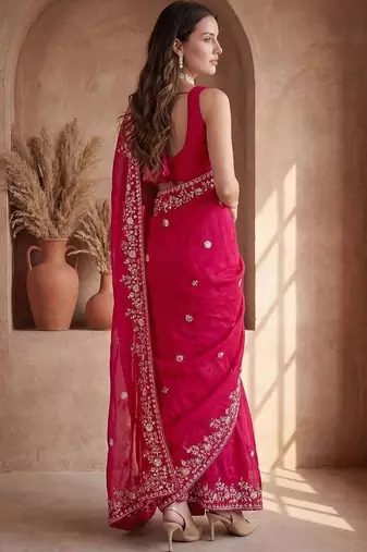 Pink ethnic motifs zari silk blend designer saree