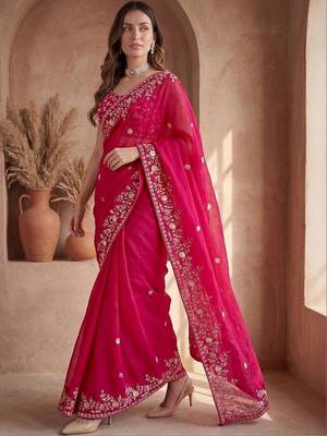 Pink ethnic motifs zari silk blend designer saree 4