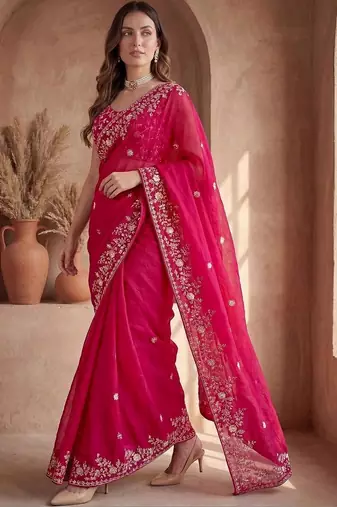 Pink ethnic motifs zari silk blend designer saree