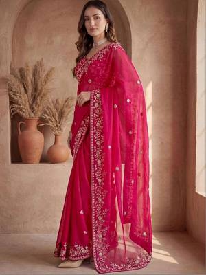 Pink ethnic motifs zari silk blend designer saree 5